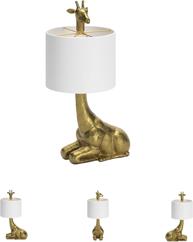 Goldtone Giraffe Table Lamp with White Drum Shade