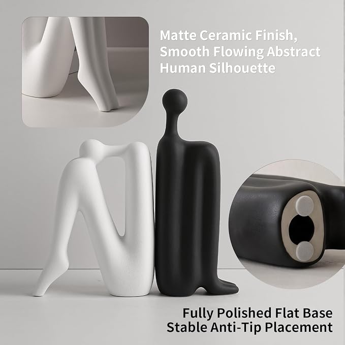 Black & White Ceramic Bookends – Abstract Thinker Sculptures