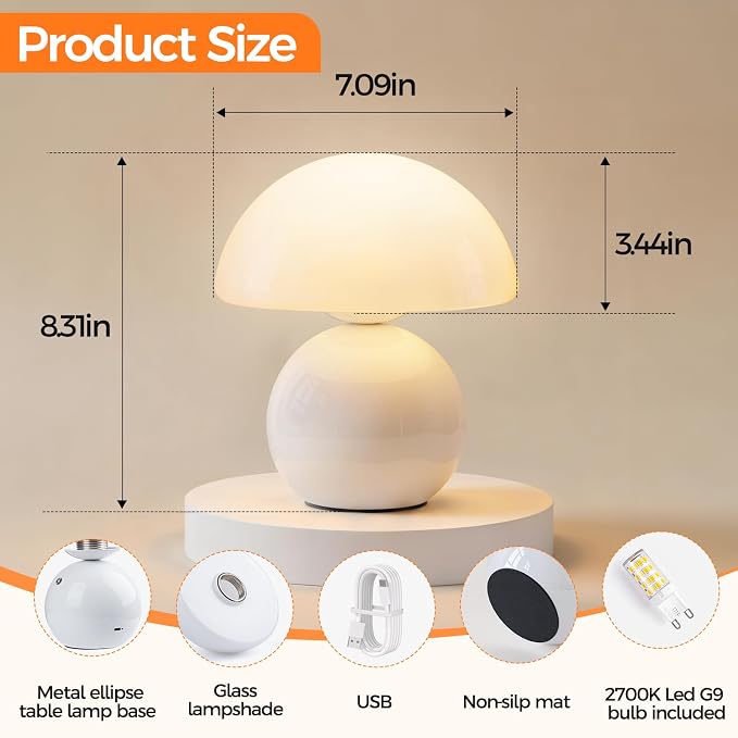 Cordless Mushroom Table Lamp with Touch Dimming