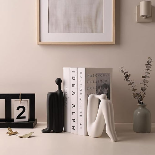 Black & White Ceramic Bookends – Abstract Thinker Sculptures