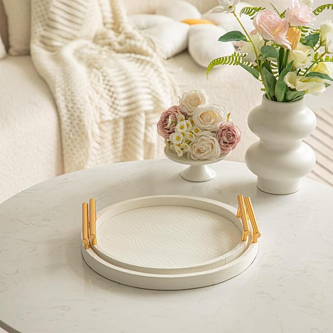 Set of 2 Round Faux Leather Serving Trays with Handles
