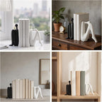 Black & White Ceramic Bookends – Abstract Thinker Sculptures