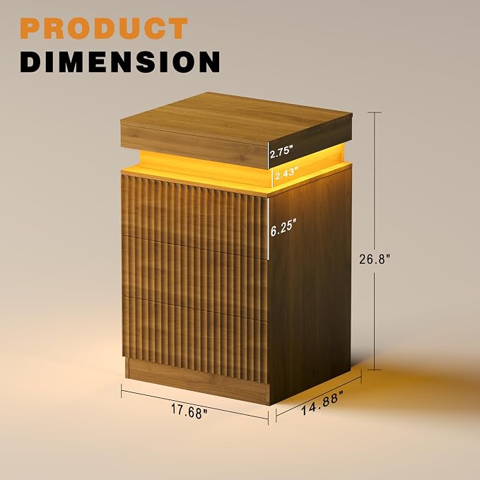 Fluted Nightstand with Charging Station and LED Light