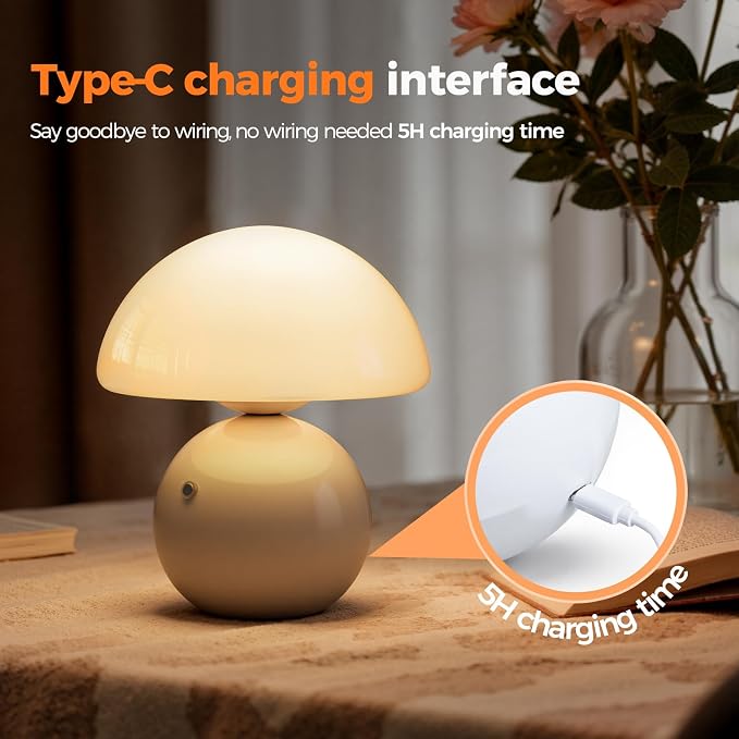 Cordless Mushroom Table Lamp with Touch Dimming