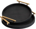Set of 2 Round Faux Leather Serving Trays with Handles
