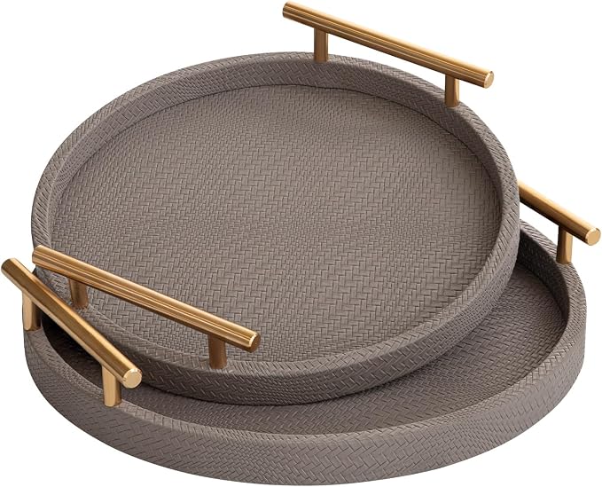 Set of 2 Round Faux Leather Serving Trays with Handles