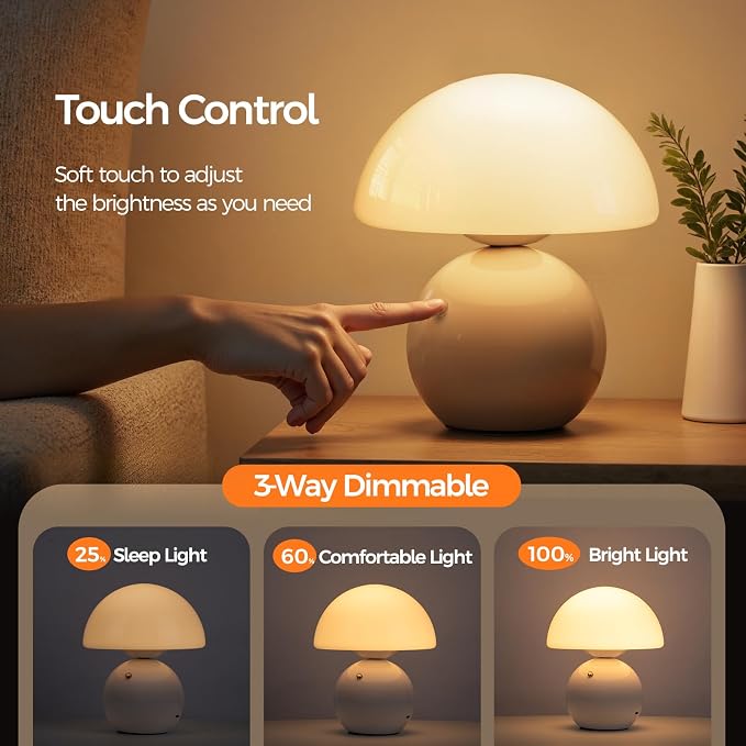 Cordless Mushroom Table Lamp with Touch Dimming