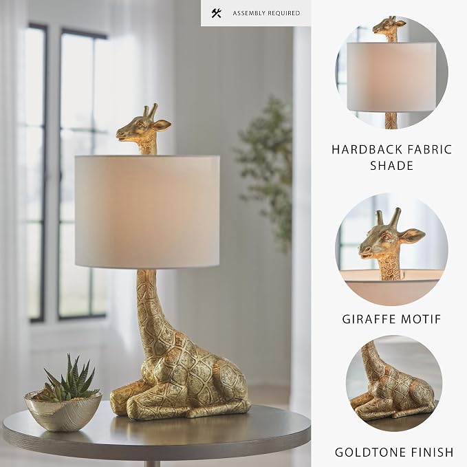 Goldtone Giraffe Table Lamp with White Drum Shade
