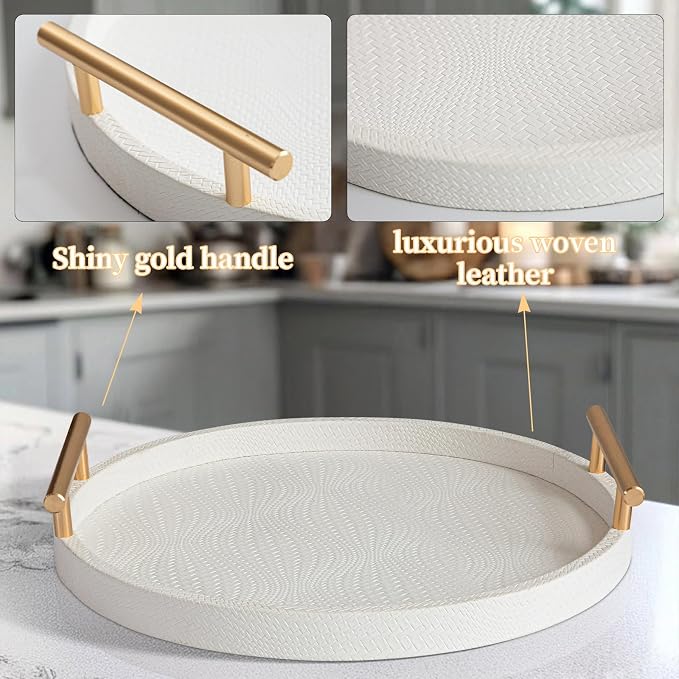 Set of 2 Round Faux Leather Serving Trays with Handles