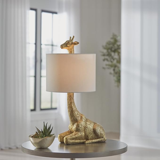 Goldtone Giraffe Table Lamp with White Drum Shade