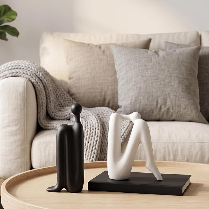 Black & White Ceramic Bookends – Abstract Thinker Sculptures
