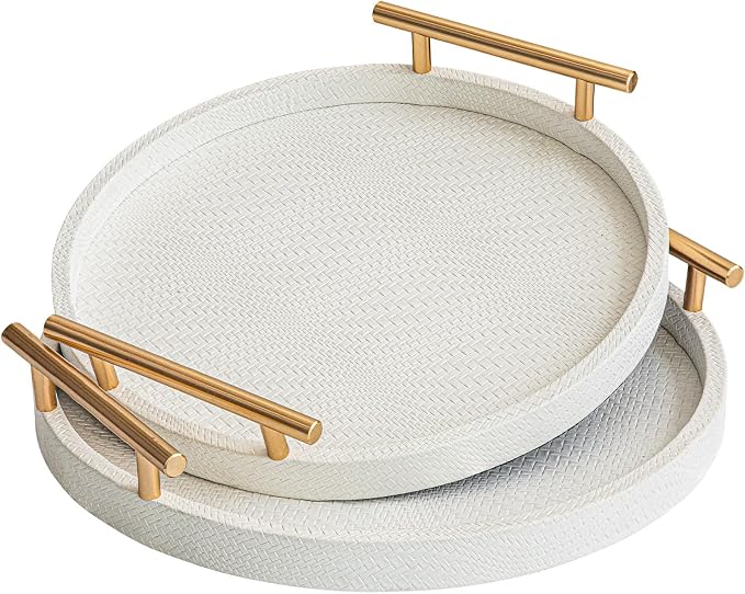 Set of 2 Round Faux Leather Serving Trays with Handles