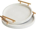 Set of 2 Round Faux Leather Serving Trays with Handles