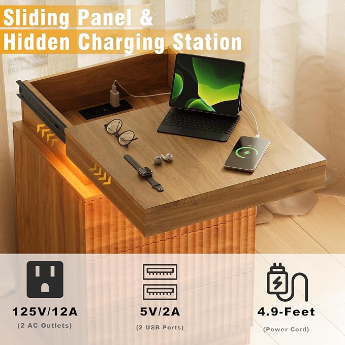 Fluted Nightstand with Charging Station and LED Light