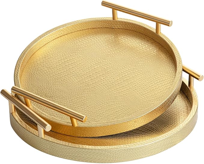 Set of 2 Round Faux Leather Serving Trays with Handles