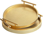 Set of 2 Round Faux Leather Serving Trays with Handles