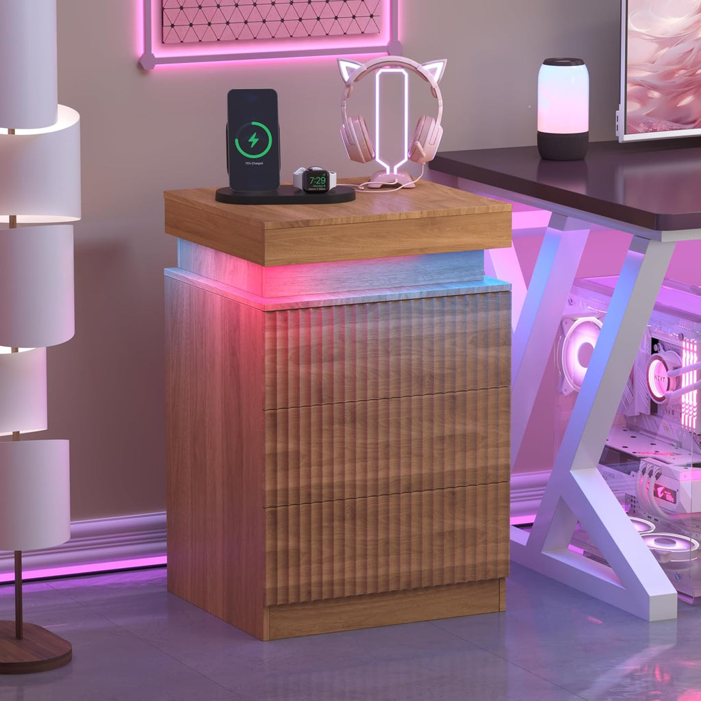 Fluted Nightstand with Charging Station and LED Light