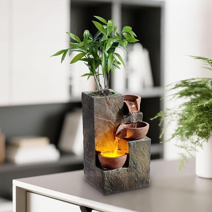 3-Tier Rock Tabletop Water Fountain with Warm LED Light