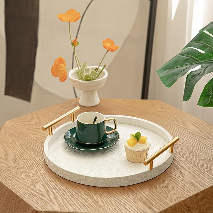 Set of 2 Round Faux Leather Serving Trays with Handles