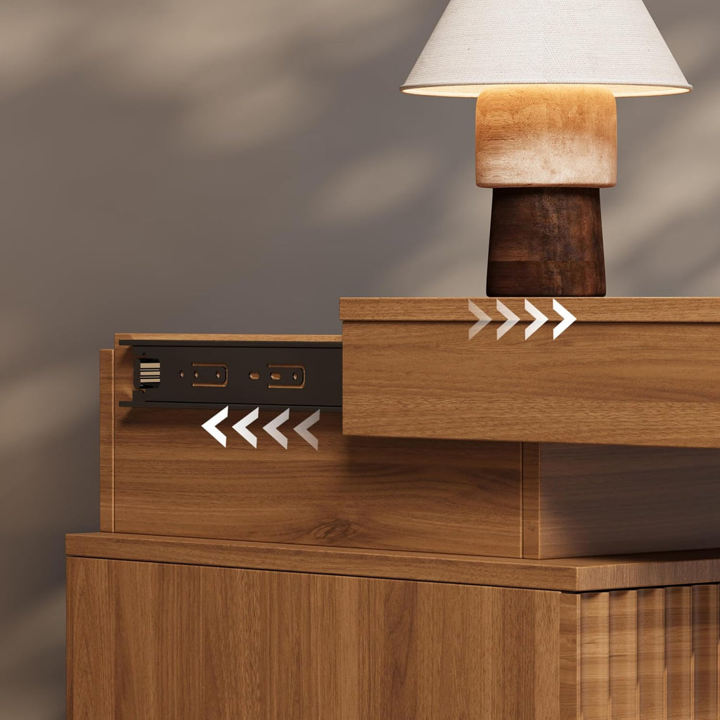 Fluted Nightstand with Charging Station and LED Light