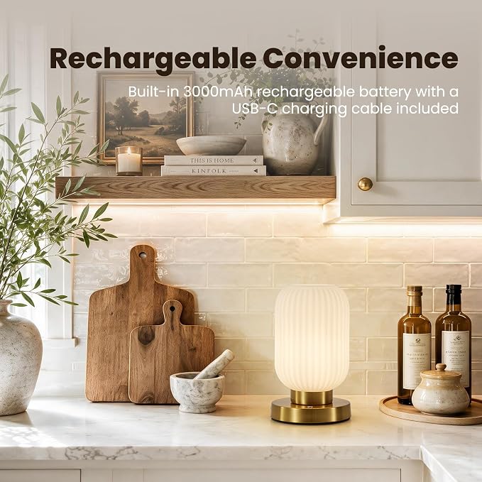 Cordless Rechargeable Ribbed Glass Table Lamp