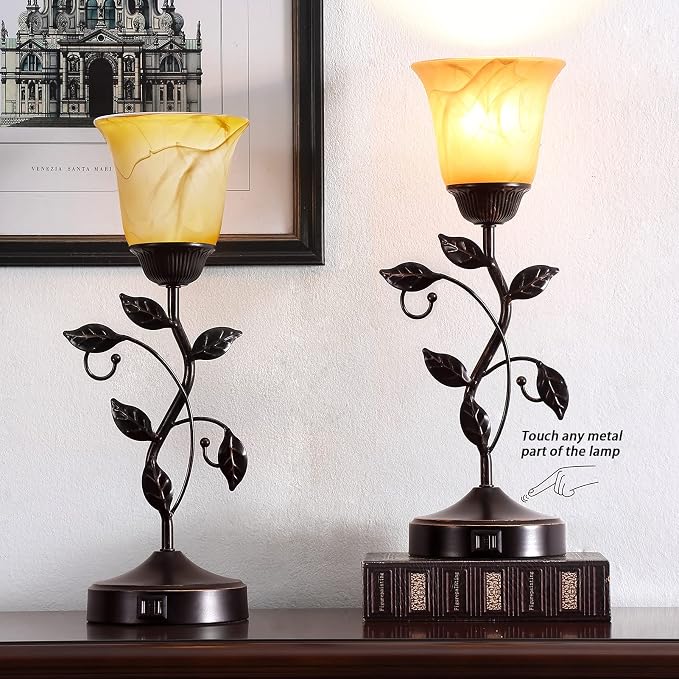 Vintage Leaf Table Lamp with Touch Dimming & USB