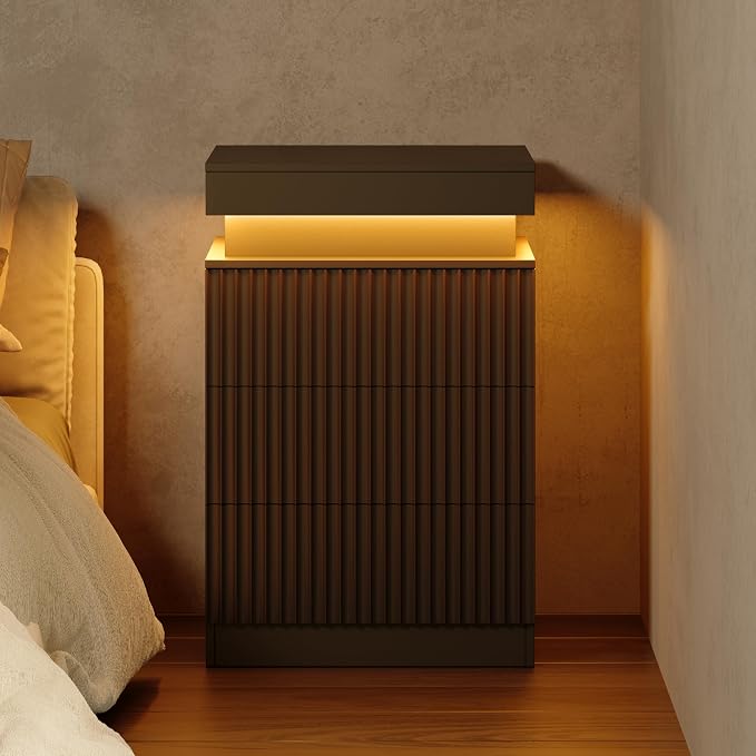 Fluted Nightstand with Charging Station and LED Light