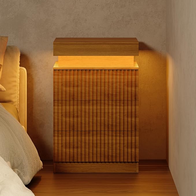 Fluted Nightstand with Charging Station and LED Light