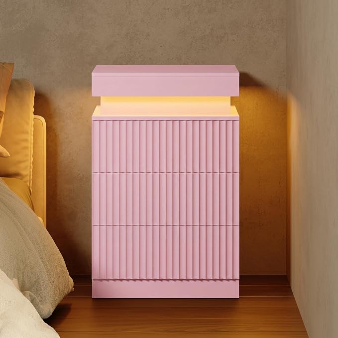 Fluted Nightstand with Charging Station and LED Light