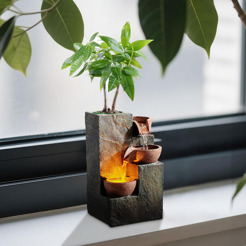 3-Tier Rock Tabletop Water Fountain with Warm LED Light