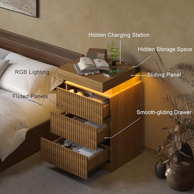 Fluted Nightstand with Charging Station and LED Light